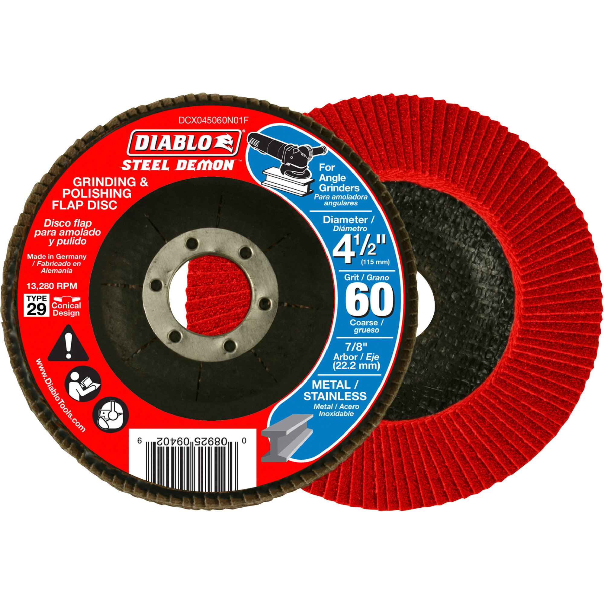Diablo Speed Demon Flap Disc, 4 1/2in., 60 Grit Conical, No Hub, Model# DCX045060N01F